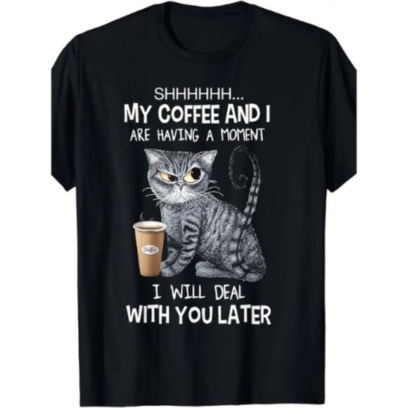 Fun Unisex Coffee Cat Print T-Shirt, 60% Cotton Fabric, Crew Neck, Short Sleeve - Picture 1 of 8